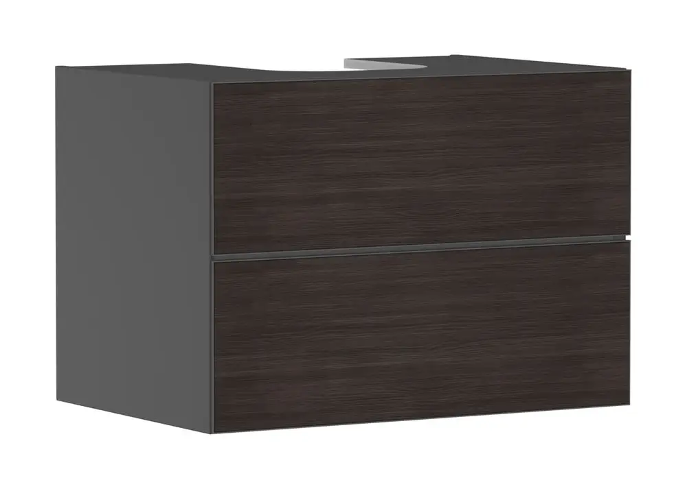 Waschtischunterschrank in Schiefergrau, ausgestattet mit zwei Schubkästen. Eignet sich für Konsolen-Aufsatzwaschtisch. Design von Hansgrohe.